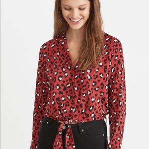 Miss Selfridge Long Sleeve Red Leopard Print Front Tie Shirt